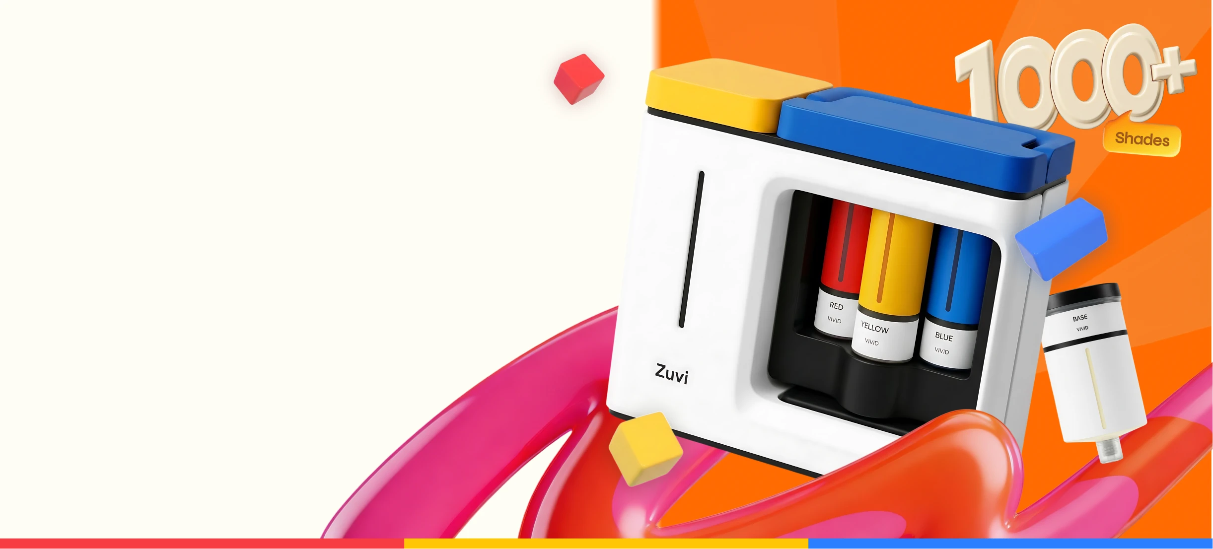 Zuvi ColorBox with red, yellow, and blue ink cartridges, offering 1000+ color shades.
